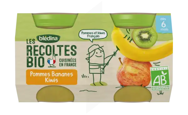 Blédina Les Récoltes Bio Pommes Bananes Kiwis 2 Pots/130g