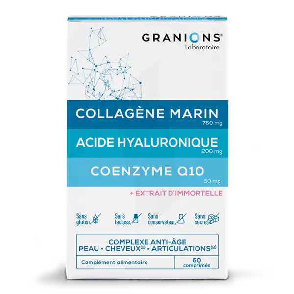 Granions Complexe Collagene, Acide Hyaluronique & Coenzyme Q10 Anti-âge - Peau - Cheveux - Articulations 60 Comprimés