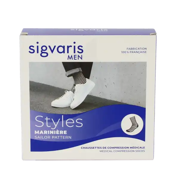 Sigvaris Styles Motifs Mariniere Chaussettes  Homme Classe 2 Marine Blanc Large Normal