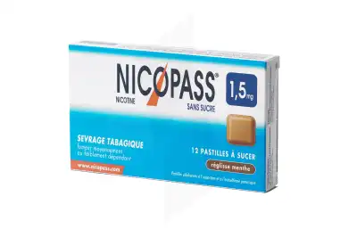 NICOPASS 1,5 mg SANS SUCRE REGLISSE MENTHE, pastille édulcorée à l'aspartam et à l'acésulfame potassique