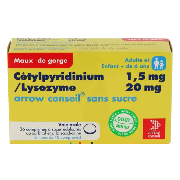 Cetylpyridinium/lysozyme Arrow Conseil 1,5 Mg/20 Mg Sans Sucre, Comprimé à Sucer édulcoré Au Sorbitol Et à La Saccharine