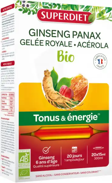 Superdiet Ginseng Gelée Royale Acérola Bio Solution Buvable 20 Ampoules/10ml