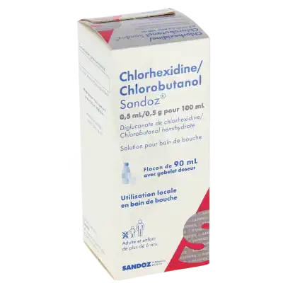 CHLORHEXIDINE/CHLOROBUTANOL SANDOZ 0,5 ml/0,5 g pour 100 ml, solution pour bain de bouche en flacon