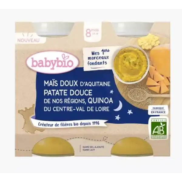 Babybio Aliment Infant Bonne Nuit Maïs Patate Douce Quinoa Morceaux 2pots/200g