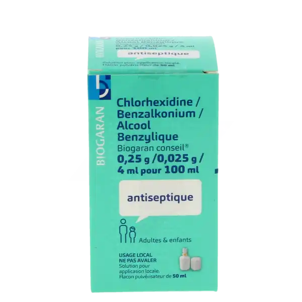 Chlorhexidine/benzalkonium/alcool Benzylique Biogaran Conseil 0,25 G/ 0,025 G/ 4 Ml Pour 100 Ml, Solution Pour Application Locale