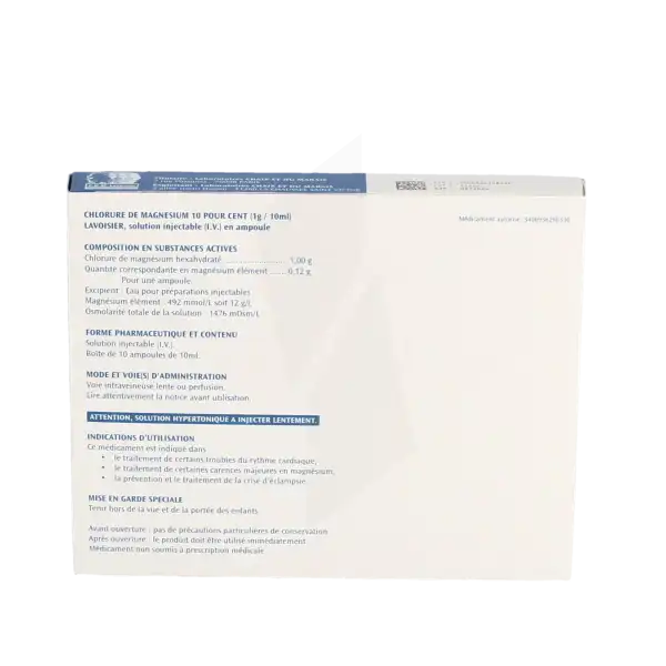 Chlorure De Magnesium 10 Pour Cent (1 G/10 Ml) Lavoisier, Solution Injectable (i.v.) En Ampoule