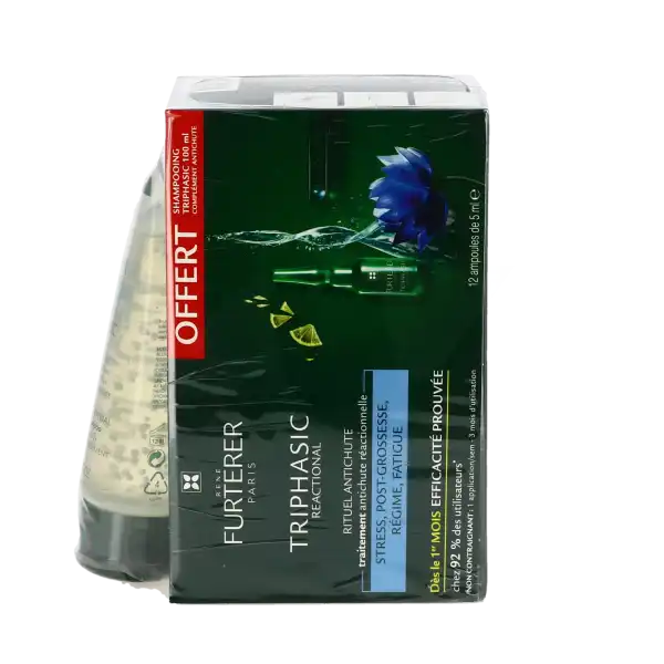 René Furterer Triphasic Reactional Traitement Antichute Réactionnelle 12 Ampoules X 5ml + Shampooing Stimulant 100ml