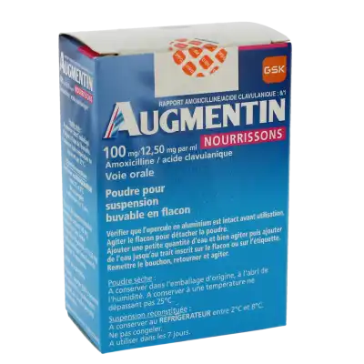 AUGMENTIN 100 mg/12,50 mg par ml NOURRISSONS, poudre pour suspension buvable en flacon (rapport amoxicilline/acide clavulanique : 8/1)