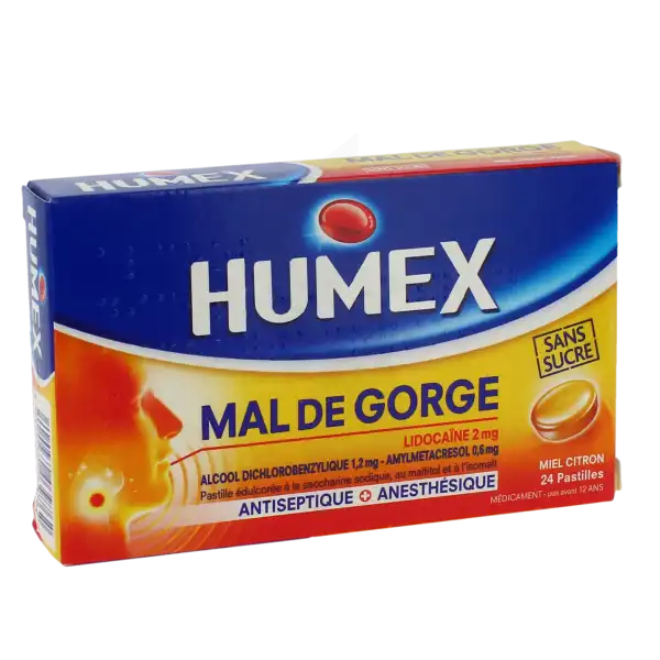 Humex Mal De Gorge Lidocaine/alcool Dichlorobenzylique/amylmetacresol 2 Mg/1,2 Mg/0,6 Mg Miel Citron Sans Sucre, Pastille édulcorée à La Saccharine Sodique, Au Maltitol Et à L'isomalt