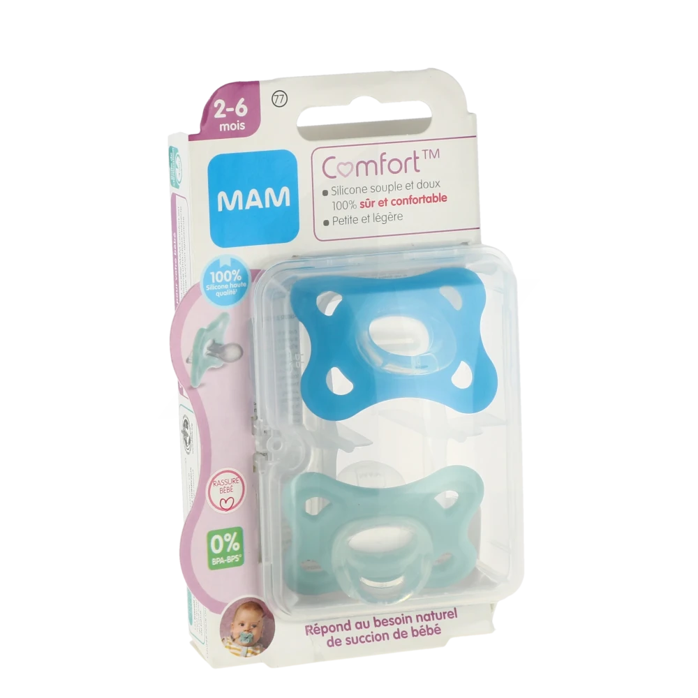 MAM Sucettes Comfort Silicone 2-6 mois Bleu x2 - Paraphamadirect