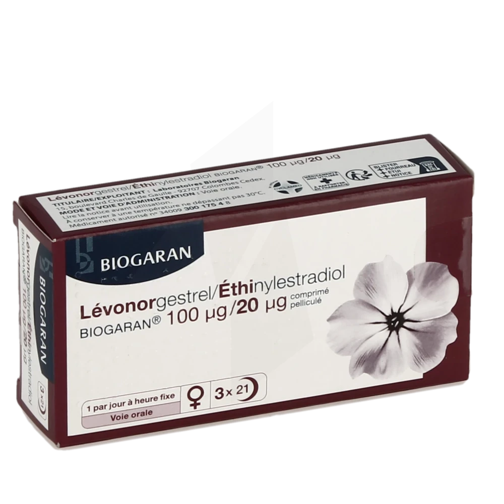 Levonorgestrel/ethinylestradiol Biogaran 100 Microgrammes/20 Microgrammes, Comprimé Pelliculé