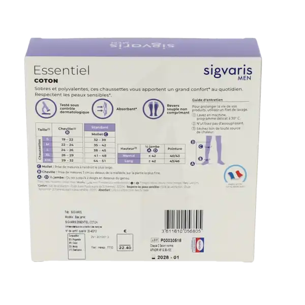 Sigvaris Essentiel Instinct Coton Chaussette Classe 2 Homme Noir Long Xl