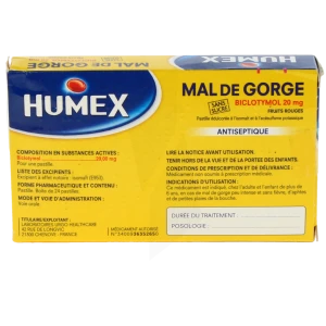 Humex Mal De Gorge Biclotymol 20 Mg Fruits Rouges Sans Sucre, Pastille édulcorée à L'isomalt Et à L'acésulfame Potassique