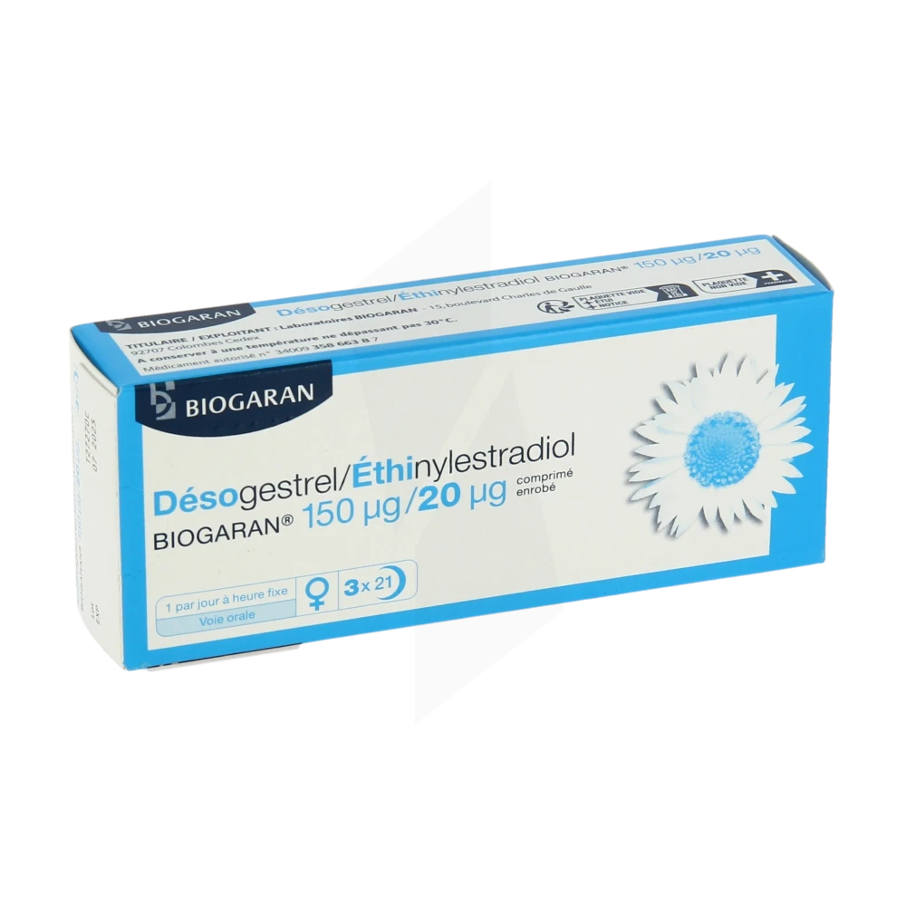 Desogestrel/ethinylestradiol Biogaran 150 Microgrammes/20 Microgrammes, Comprimé Enrobé
