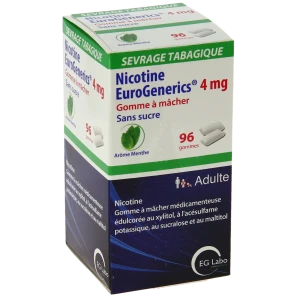 Nicotine Eurogenerics Menthe 4 Mg Sans Sucre, Gomme à Mâcher Médicamenteuse édulcorée Au Xylitol, à L'acésulfame Potassique, Au Sucralose Et Au Maltitol