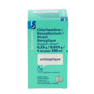 Chlorhexidine/benzalkonium/alcool Benzylique Biogaran Conseil 0,25 G/ 0,025 G/ 4 Ml Pour 100 Ml, Solution Pour Application Locale