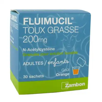 FLUIMUCIL EXPECTORANT ACETYLCYSTEINE 200 mg SANS SUCRE, granulés pour solution buvable en sachet édulcorés à l'aspartam et au sorbitol