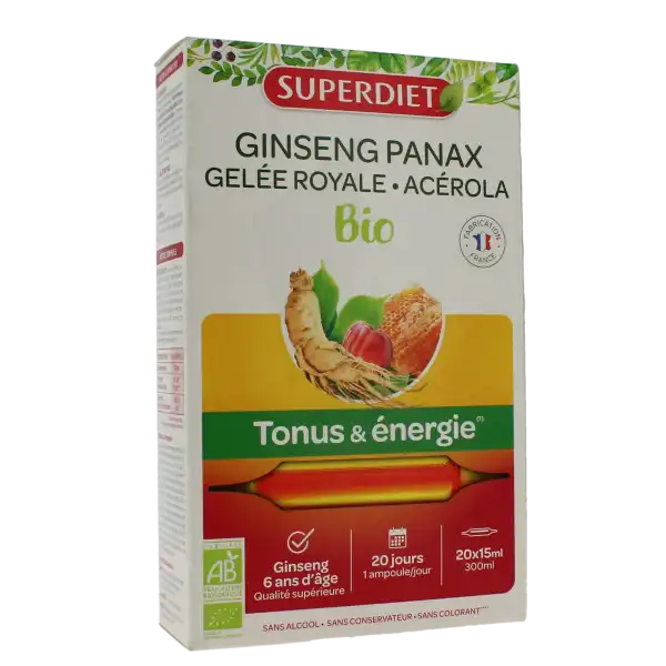 Superdiet Ginseng Gelée Royale Acérola Bio Solution Buvable 20 Ampoules/10ml