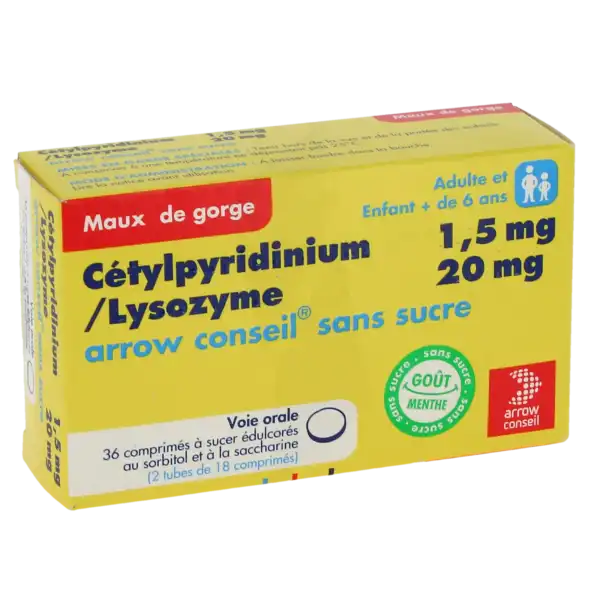 Cetylpyridinium/lysozyme Arrow Conseil 1,5 Mg/20 Mg Sans Sucre, Comprimé à Sucer édulcoré Au Sorbitol Et à La Saccharine