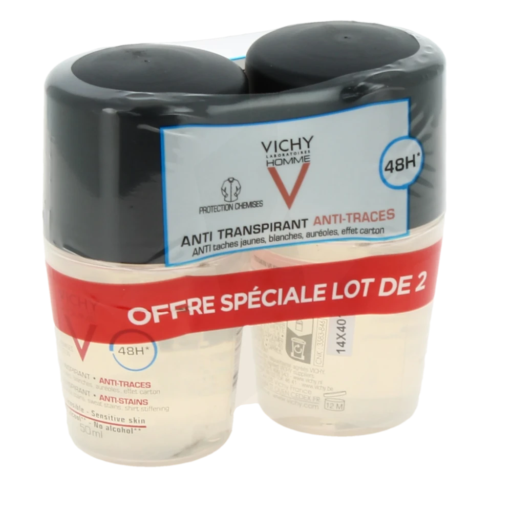 Vichy Homme Déodorant 48h Anti-transpirant Anti-traces Protection Chemise 2roll-on/50ml