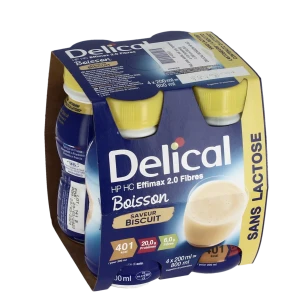 Delical Effimax Boisson Hp Hc Sans Lactose Avec Fibres Nutriment Biscuit 4 Bouteilles/200ml