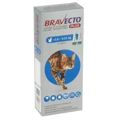 BRAVECTO PLUS 250 MG / 12,5 MG SOLUTION POUR SPOT-ON POUR CHATS DE TAILLE MOYENNE (> 2,8 - 6,25 KG), Solution pour spot-on