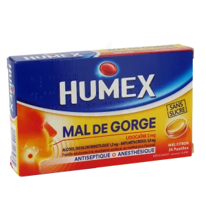 Humex Mal De Gorge Lidocaine/alcool Dichlorobenzylique/amylmetacresol 2 Mg/1,2 Mg/0,6 Mg Miel Citron Sans Sucre, Pastille édulcorée à La Saccharine Sodique, Au Maltitol Et à L'isomalt