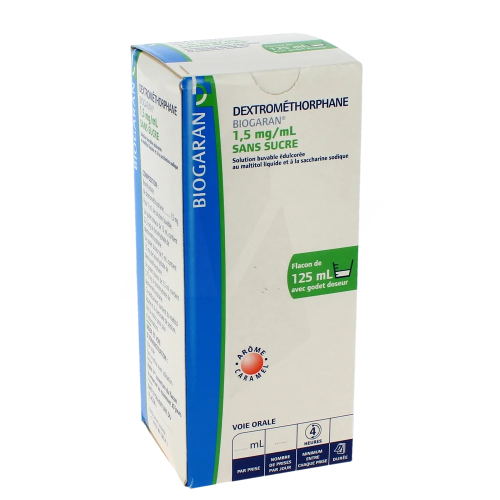 Dextromethorphane Biogaran 1,5 Mg/ml Sans Sucre, Solution Buvable édulcorée Au Maltitol Liquide Et à La Saccharine Sodique