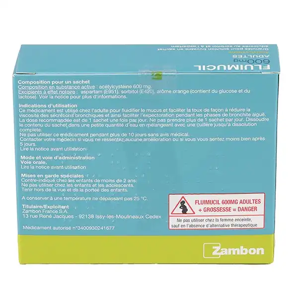 Fluimucil 600 Mg Adultes, Granulés Pour Solution Buvable En Sachet édulcorés Au Sorbitol Et à L’aspartam