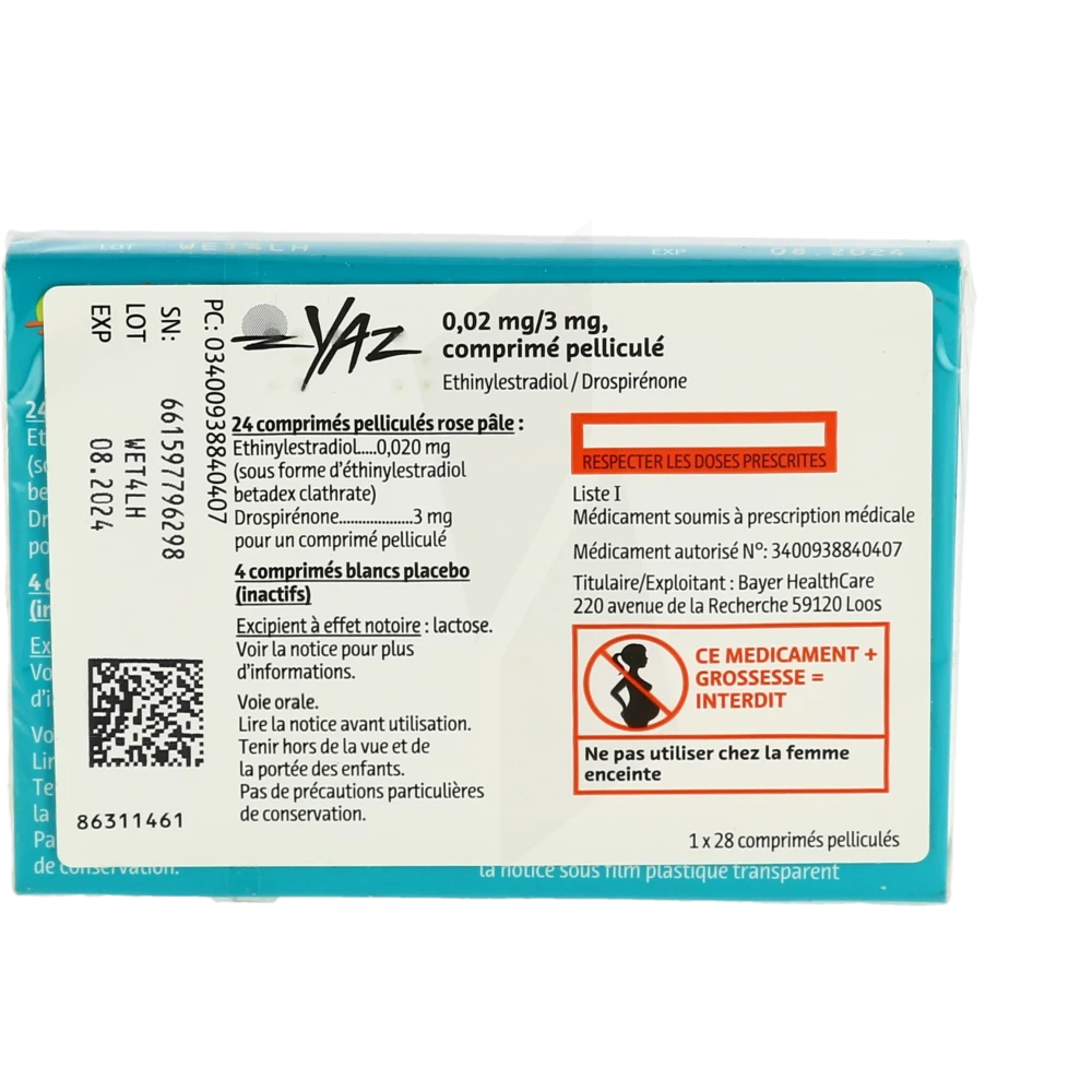 Pharmacie Agen-Sud - Médicament Yaz 0,02 Mg/3 Mg, Comprimé ...