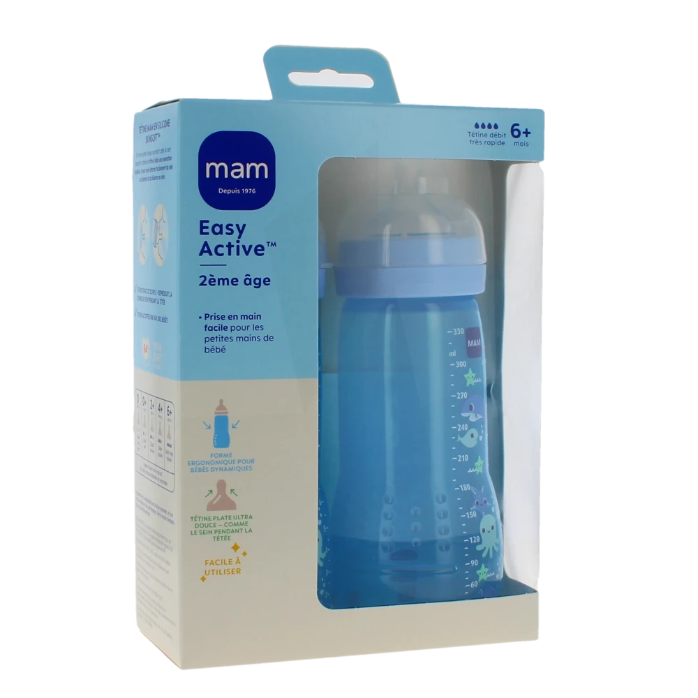 Mam Biberon Easy Active 2ème âge + 6 Mois 330 Ml Lot De 2 Bleu