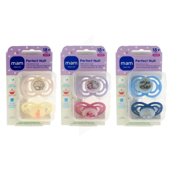 MAM PERFECT Sucette anatomique silicone + 18 mois nuit animaux Boîte de 2