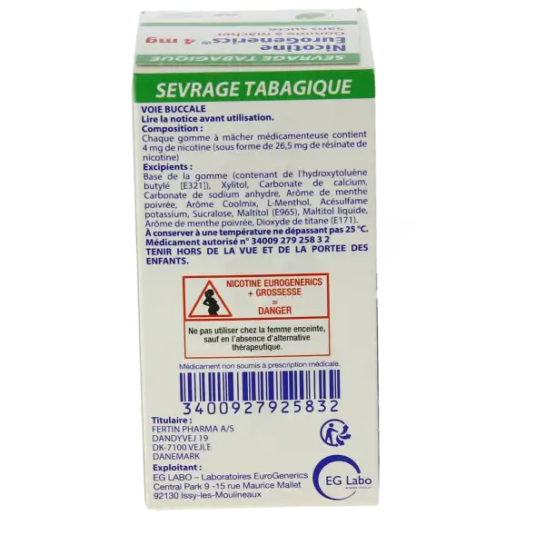 Nicotine Eurogenerics Menthe 4 Mg Sans Sucre, Gomme à Mâcher Médicamenteuse édulcorée Au Xylitol, à L'acésulfame Potassique, Au Sucralose Et Au Maltitol