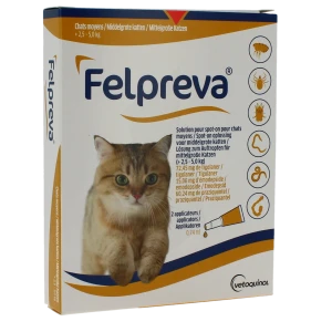 Felpreva Solution Pour Spot-on Pour Chats Moyens (> 2,5 - 5 Kg), Solution Pour Spot-on