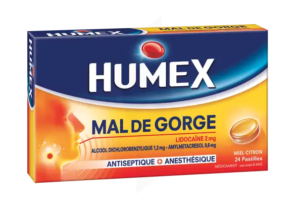 Humex Mal De Gorge Lidocaine/alcool Dichlorobenzylique/amylmetacresol 2 Mg/1,2 Mg/0,6 Mg Miel Citron, Pastille