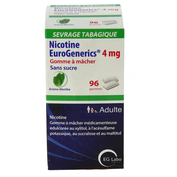 Nicotine Eurogenerics Menthe 4 Mg Sans Sucre, Gomme à Mâcher Médicamenteuse édulcorée Au Xylitol, à L'acésulfame Potassique, Au Sucralose Et Au Maltitol