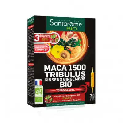 Santarome Bio Maca 1500 Tribulus Ginseng Gingembre Solution buvable 20 Ampoules/10ml
