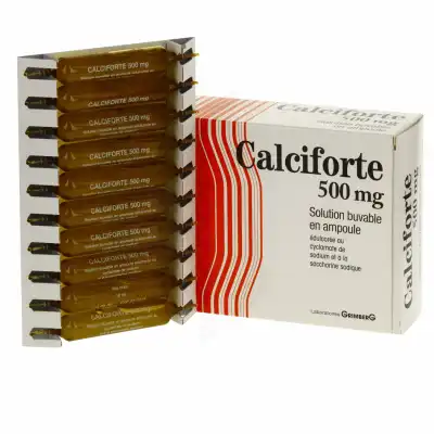 CALCIFORTE 500 mg, solution buvable en ampoule édulcorée au cyclamate de sodium et à la saccharine sodique