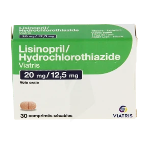 Lisinopril/hydrochlorothiazide Viatris 20mg/12,5mg, Comprimé Sécable