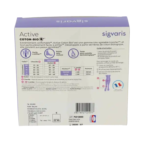Sigvaris Active Coton Bio 55% Chaussette Classe 2 Femme Noir Long M