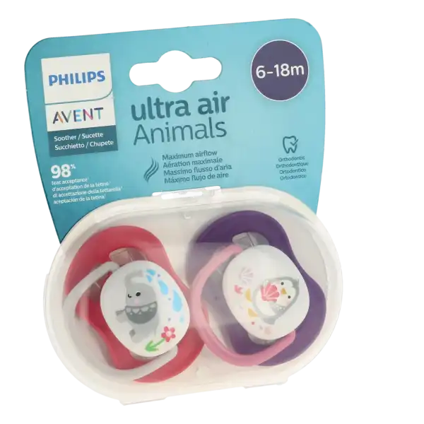 Avent Ultra Air Sucette Silicone 6-18mois Animaux Mauve B/2