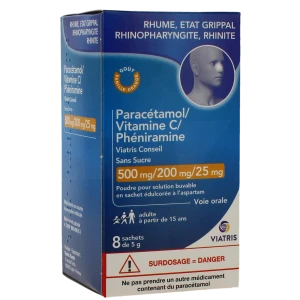Paracetamol/vitamine C/pheniramine Viatris Conseil Sans Sucre 500 Mg/200 Mg/25 Mg, Poudre Pour Solution Buvable En Sachet édulcorée à L’aspartam