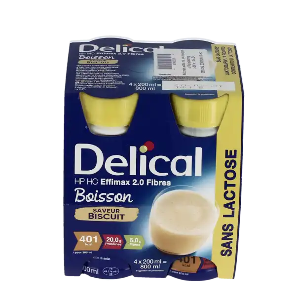 Delical Effimax Boisson Hp Hc Sans Lactose Avec Fibres Nutriment Biscuit 4 Bouteilles/200ml