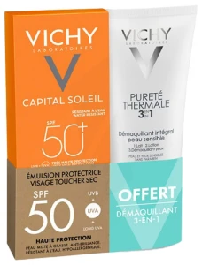 Vichy Capital Soleil Spf50 Emuls Visage Toucher Sec T/50ml+lait Démaq 3en1