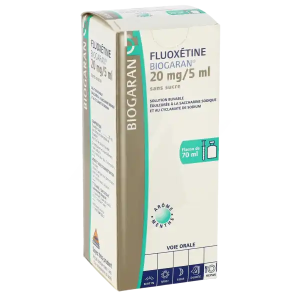 Fluoxetine Biogaran 20 Mg/5 Ml Sans Sucre, Solution Buvable édulcorée à La Saccharine Sodique Et Au Cyclamate De Sodium