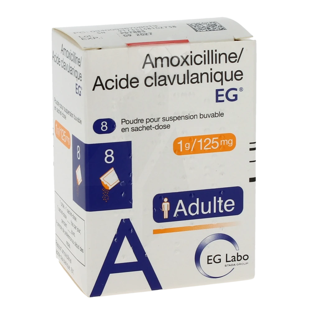 Amoxicilline/acide Clavulanique Eg 1 G/125 Mg Adultes, Poudre Pour Suspension Buvable En Sachet-dose (rapport Amoxicilline/acide Clavulanique : 8/1)