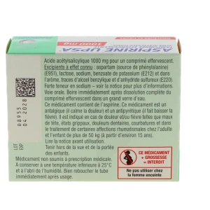 Aspirine Upsa Tamponnee Effervescente 1000 Mg, Comprimé Effervescent
