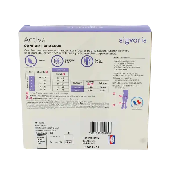 Sigvaris Active Confort Chaleur Soyance Chaussette Classe 2 Femme Noir Long S