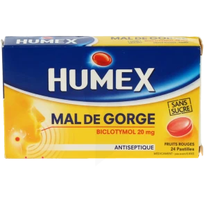 Humex Mal De Gorge Biclotymol 20 Mg Fruits Rouges Sans Sucre, Pastille édulcorée à L'isomalt Et à L'acésulfame Potassique