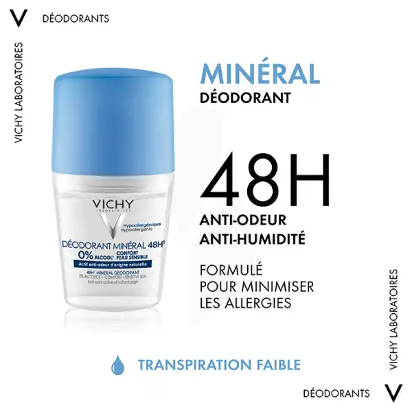 Vichy Déodorant Minéral Déodorant Minéral 48h Actif Anti-odeur D'origine Naturelle Roll-on/50ml